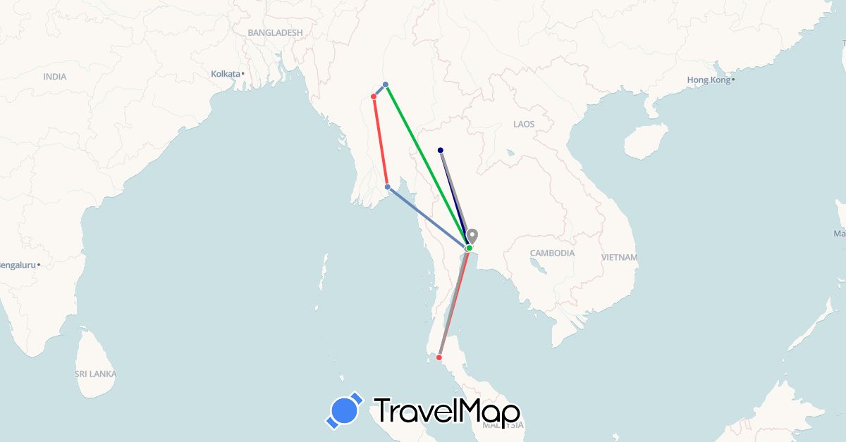 TravelMap itinerary: driving, bus, plane, cycling, hiking in Myanmar (Burma), Thailand (Asia)